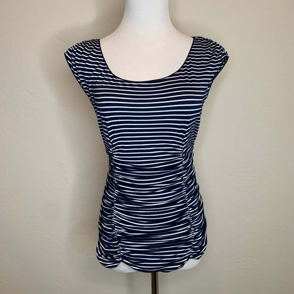 Max Studio Blue White Striped Fitted T Shirt Sz Small